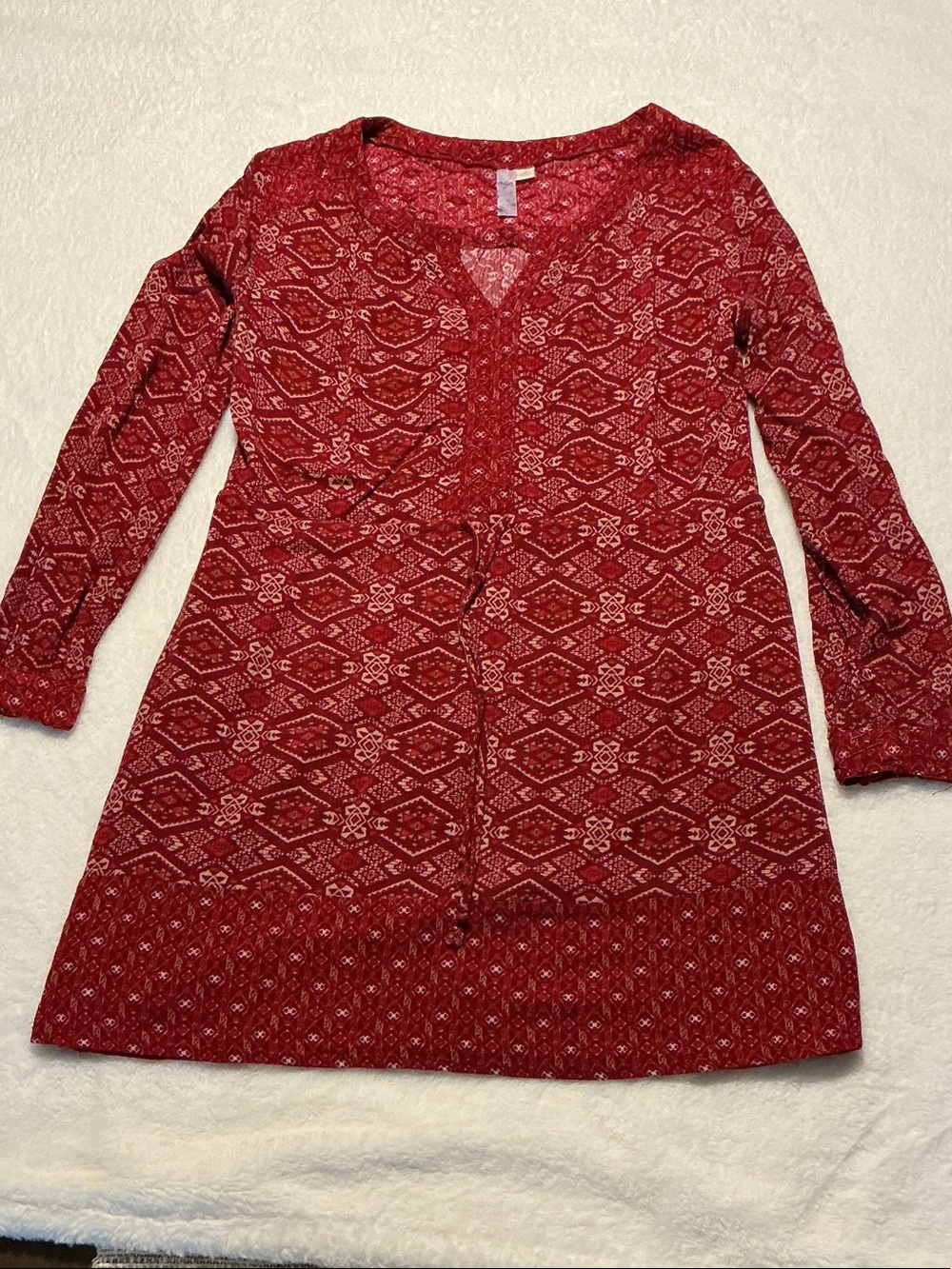 Alya Red Geometric Tie-Front Long-Sleeve Dress